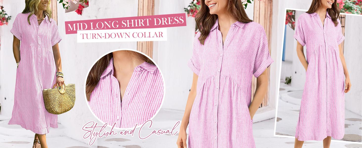 Chouyatou Women's Loose Midi Striped Shirt Dress Bohemian Side Slit Dress with Pockets SpringStatements