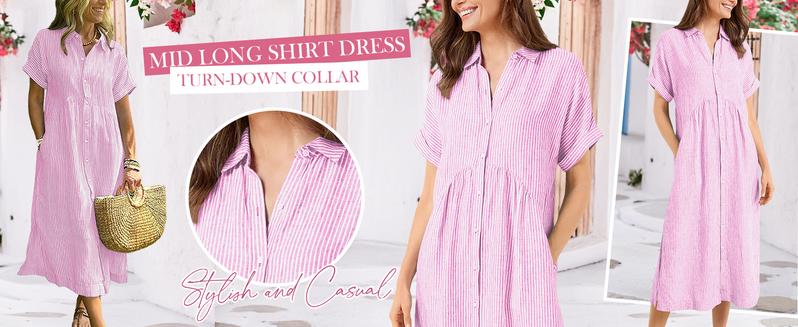 Chouyatou Women's Loose Midi Striped Shirt Dress Bohemian Side Slit Dress with Pockets