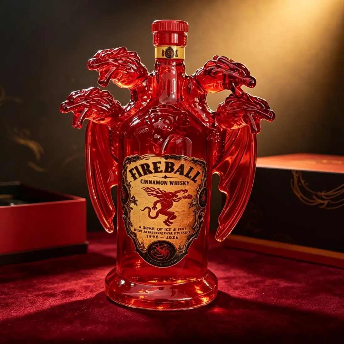5-Headed Dragon Glass Decorative Liquor Bottle, Fireball Label Collectible, Premium Home Bar Display, Unique Gift for Whiskey Lovers