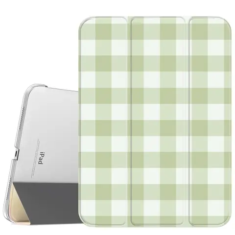 Slim Profile Tablet Case for iPad A16 2025, Air 6, Mini 6 & Samsung Galaxy Tab S9 - Green Plaid, Soft Translucent Frosted Back, Stylus Pencil Holder, Magnetic Casing, Clip-On, Shock & Scratch Resistant, Auto Sleep/Wake, With Protector, Easy to Carry
