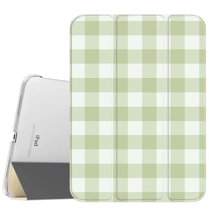 Slim Profile Tablet Case for iPad A16 2025, Air 6, Mini 6 & Samsung Galaxy Tab S9 - Green Plaid, Soft Translucent Frosted Back, Stylus Pencil Holder, Magnetic Casing, Clip-On, Shock & Scratch Resistant, Auto Sleep/Wake, With Protector, Easy to Carry