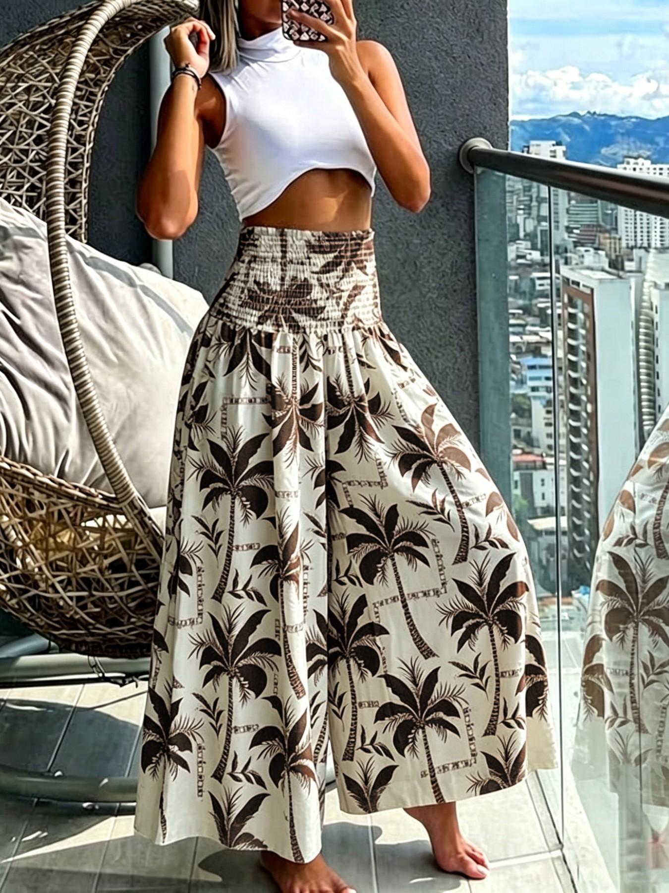 Boho Print Ruched Flowy High Waisted Wide Leg Pants, Bohemian Wide Leg Flowy Long Pants for Summer Beach Vacation, Casual Boho Pants, Women's Fashionable Loose-Fitting Bottoms