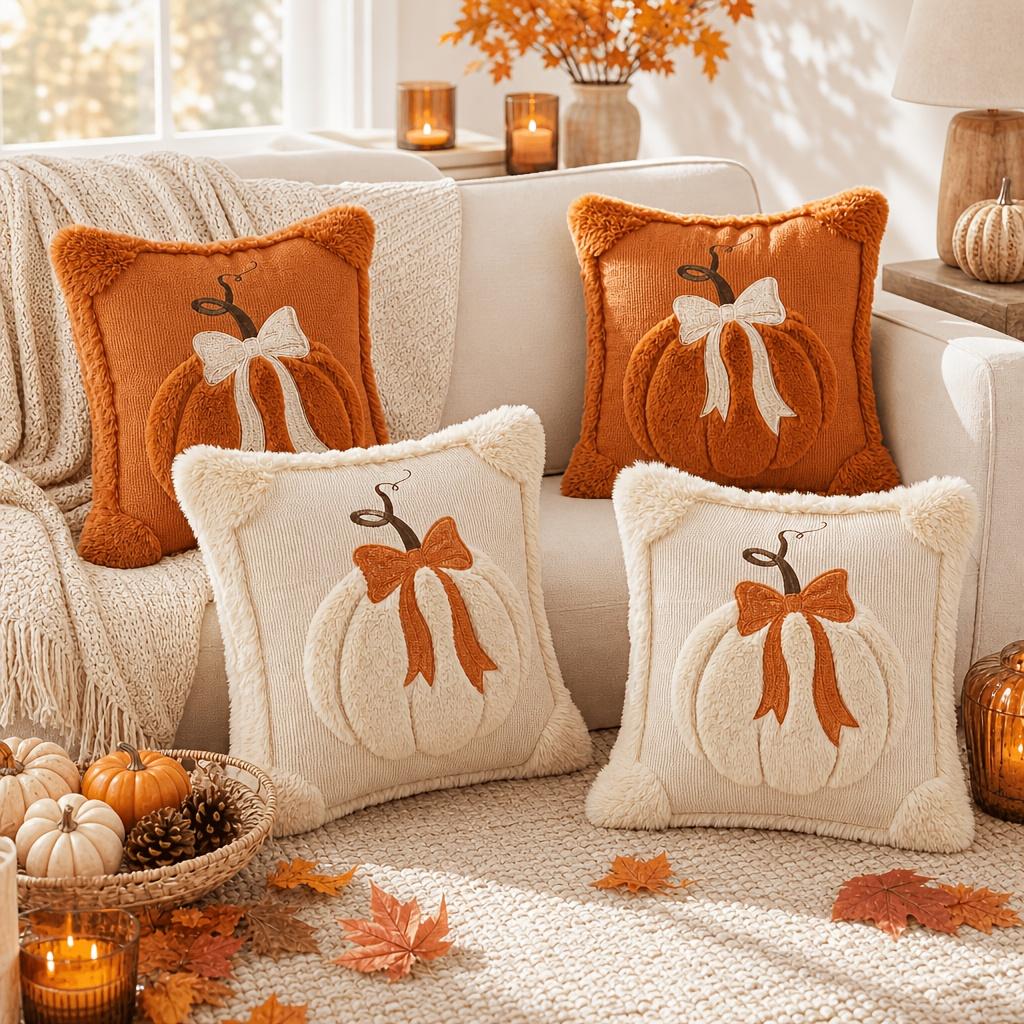 2-Pack 3D Jacquard Pumpkin Pillow Covers – 18x18 Inch Fall Throw Pillow Covers with Bow for Thanksgiving & Farmhouse Decor (Covers Only)