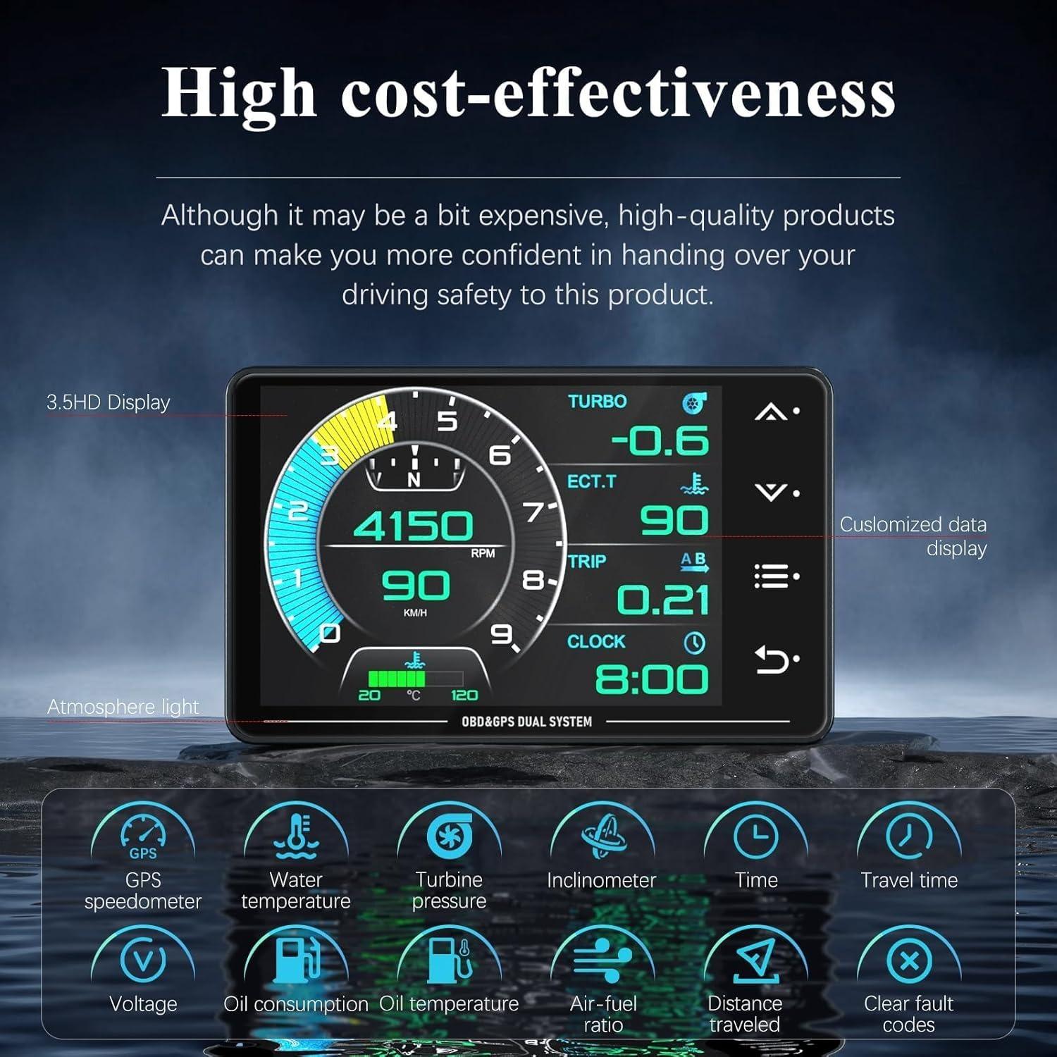 XS LCD Head-Up Display, GPS + Obd2 Scanner Car Diagnostic Tool, Multi-Function Hud Monitor, Angle Gauge, Pulse Meter, Speedometer, Car Display Screen