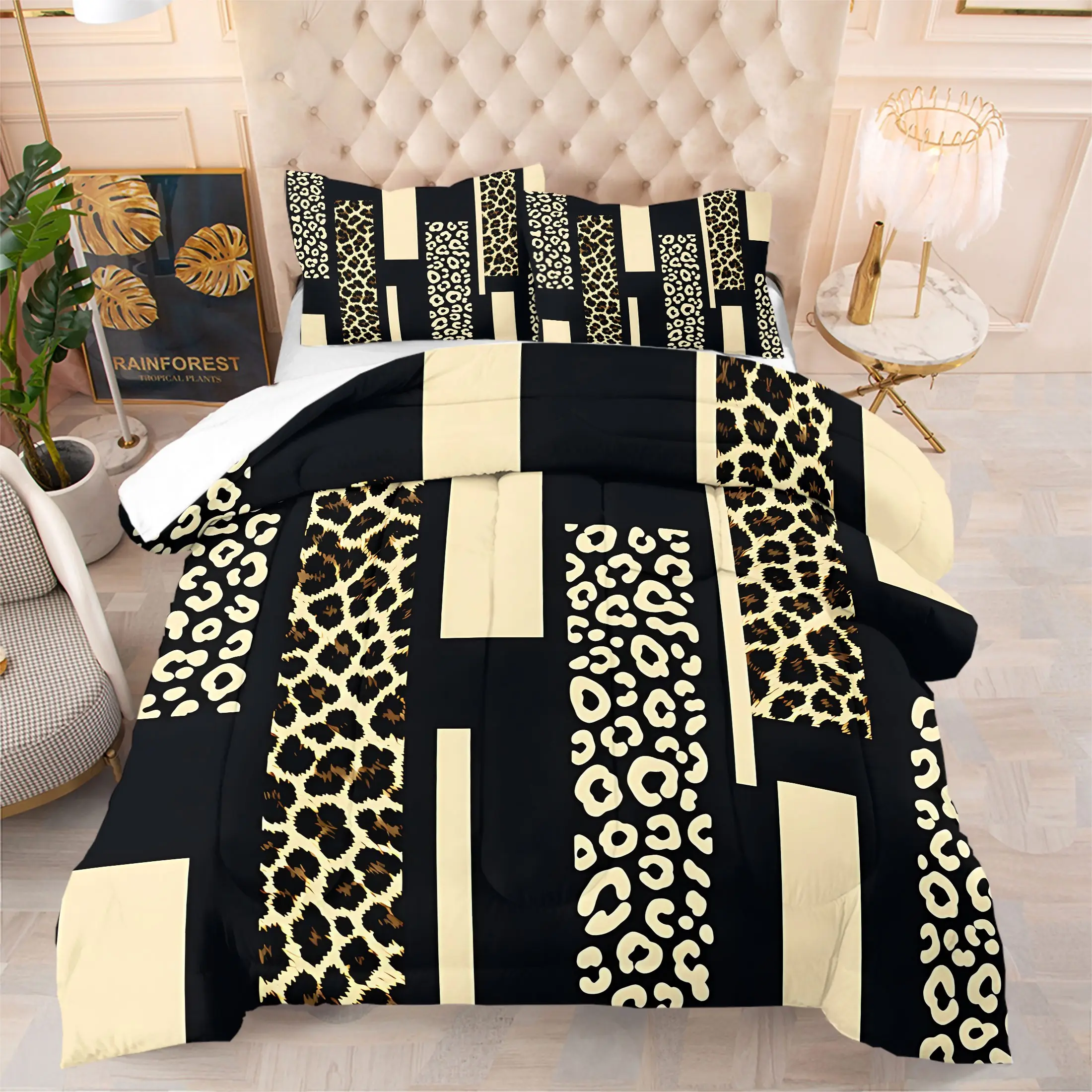 Black & Beige Geometric Leopard Print Comforter Set, 1 Quilt & 1-2 Pillowcase No Pillow Insert, Trendy Modern Bedding Set, Stylish Room Decor for Teen Girls, College Dorm & Small Apartment Bedroom Renovation, Comfy Bed