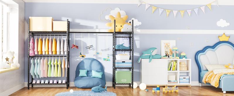 Ulif E10 Clothes Rack（With Stretchable Hanger Rod）Freestanding Clothing Racks for Hanging Clothes，Adjustable Closet Organizer System，Portable Garment Rack 73-97"W x 15" D x 72" H，Max Load 800LBS，Black Pastel