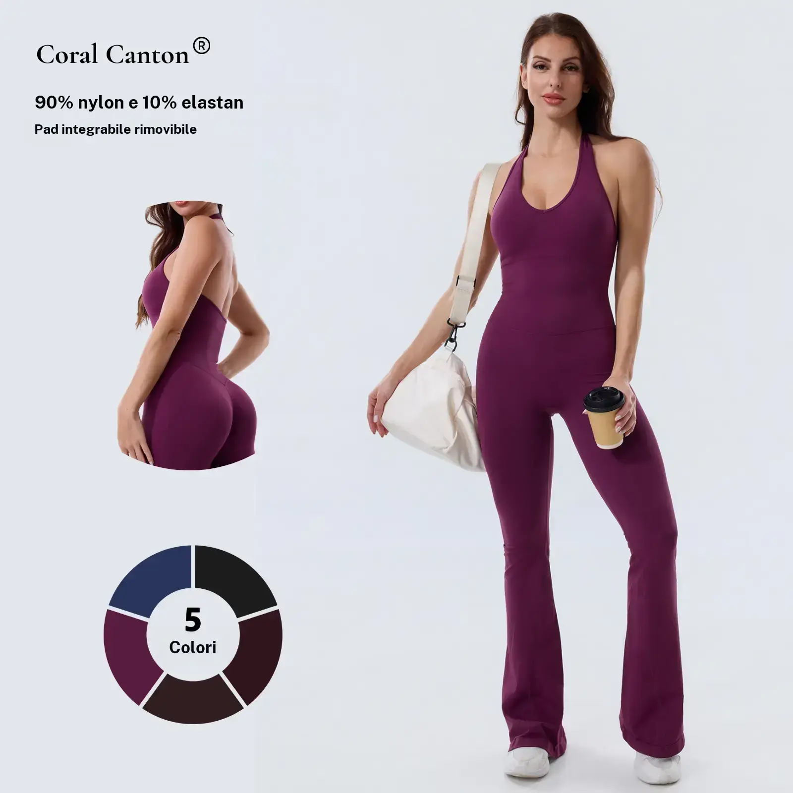 Coral Canton Seamless Backless Halter Top Sport Jumpsuit Bodycon Flared Legs SohoChic