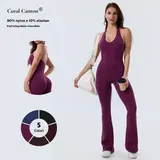 Coral Canton Seamless Backless Halter Top Sports Jumpsuit Bodycon Flared Legs SohoChic