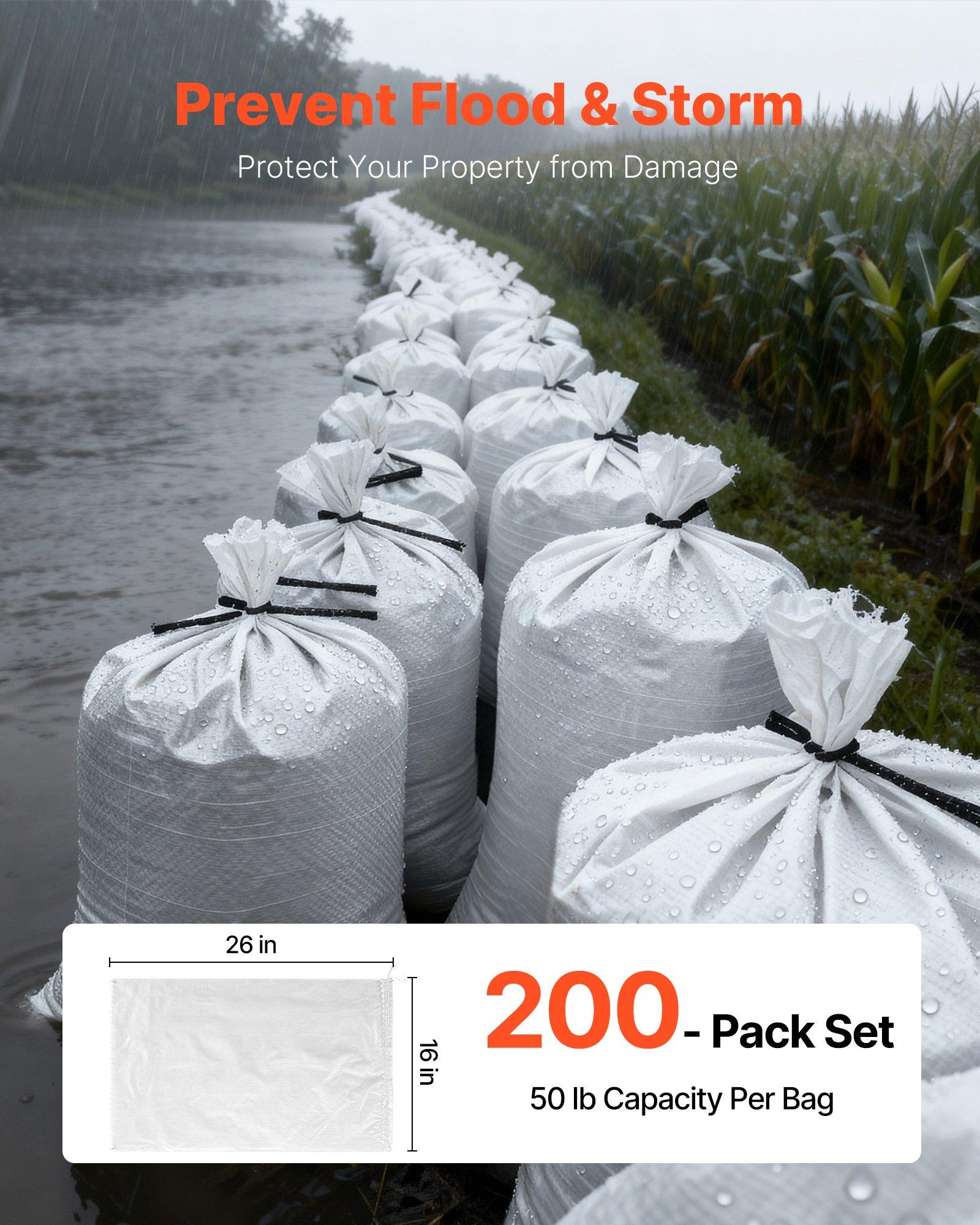 VEVOR Empty Sandbags, 200 Packs 16 x 26 in, Heavy Duty Sand Bags Sacks with Ties, 50lb Capacity Woven Polypropylene Sandbags, Tear-Resistant & UV-Resistant Sand Bags for Flood Protection Barrier