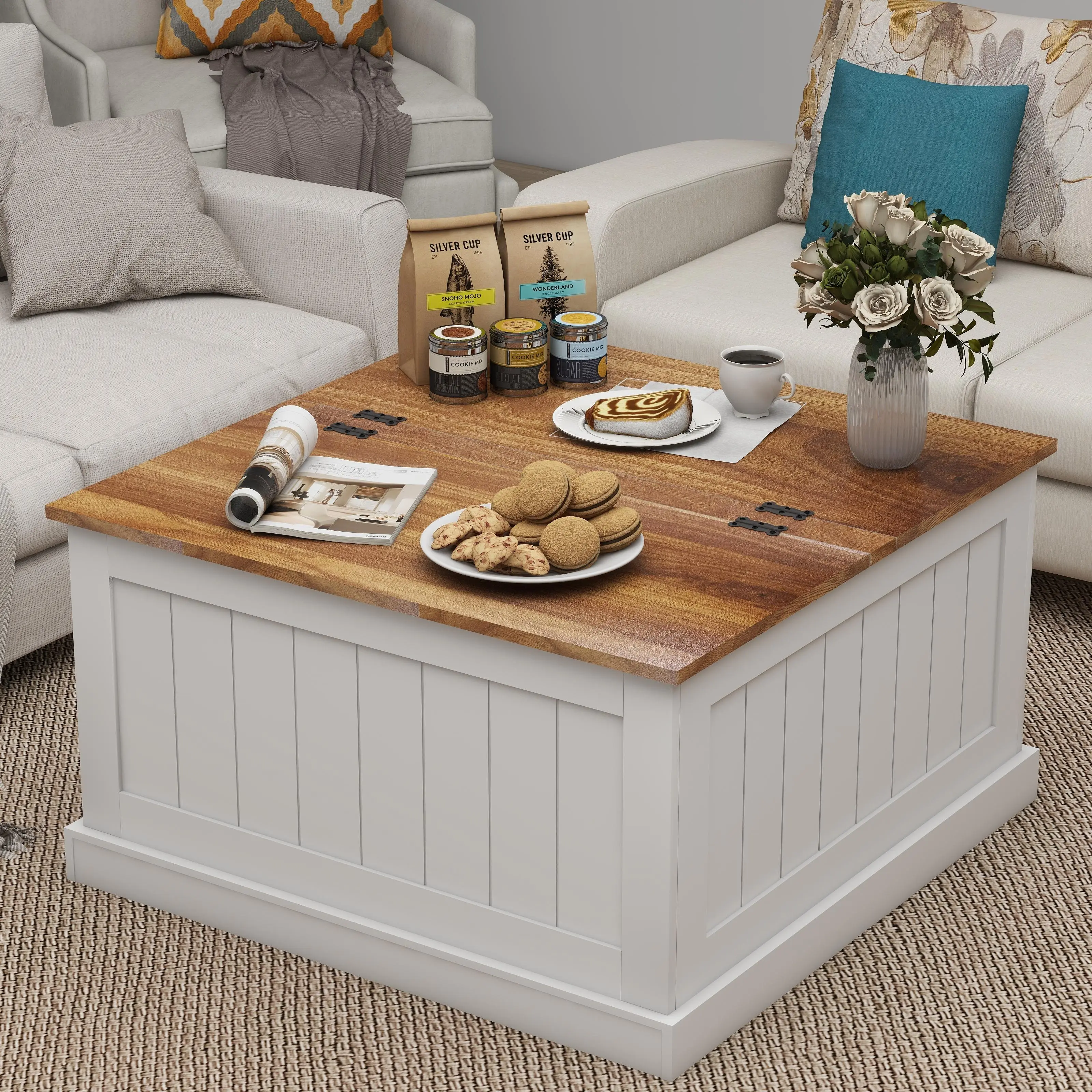 31.5" Square Farmhouse Coffee Table with Hinged Lift Top and Hidden Storage, White Wood Center Table for Living Room