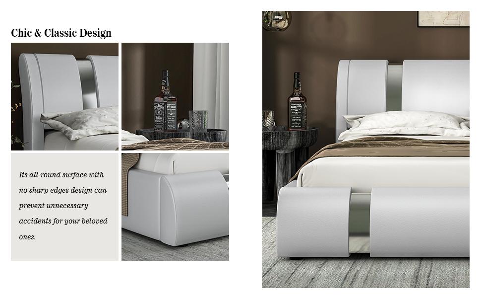 Allewie Queen/king Size Platform Bed Frame with Iron Piece Decor, 【Frame Only No Mattress】Faux Leather Upholstered Bed with Curved Adjustable Headboard, Wooden Slats Support, No Box Spring Needed, Modern Style, White/Black,#TikTokShopBacktoSchool