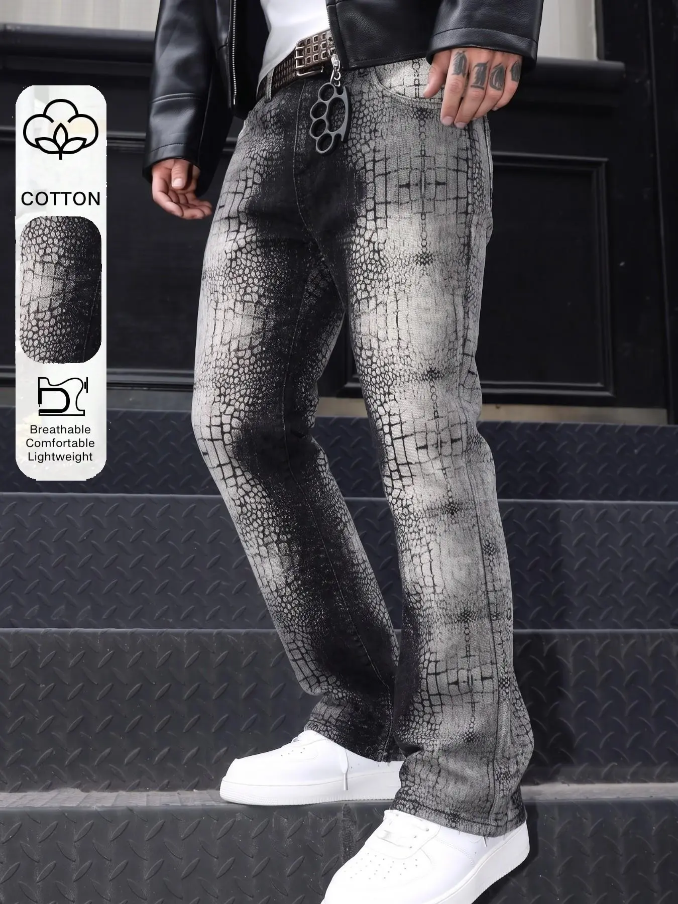 Men's Gradient Crocodile Print Jeans, American Y2K Style, Dark Punk Double Layered Hem, High Street Stack Casual Long Pants, Casual Streetwear Jeans