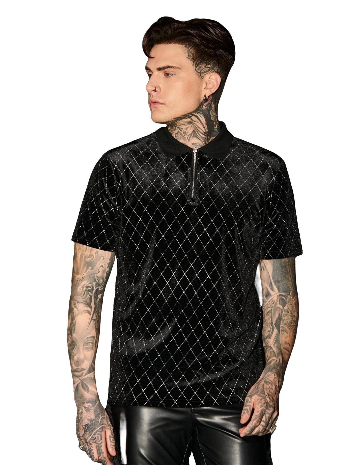 ZAFUL Men Argyle Pattern Quarter Zip Velvet Polo Shirt, For Husband Men's Velvet Printed Sparkly 1/4 Zipper Short Sleeve Collared Shirt Going Out Tops