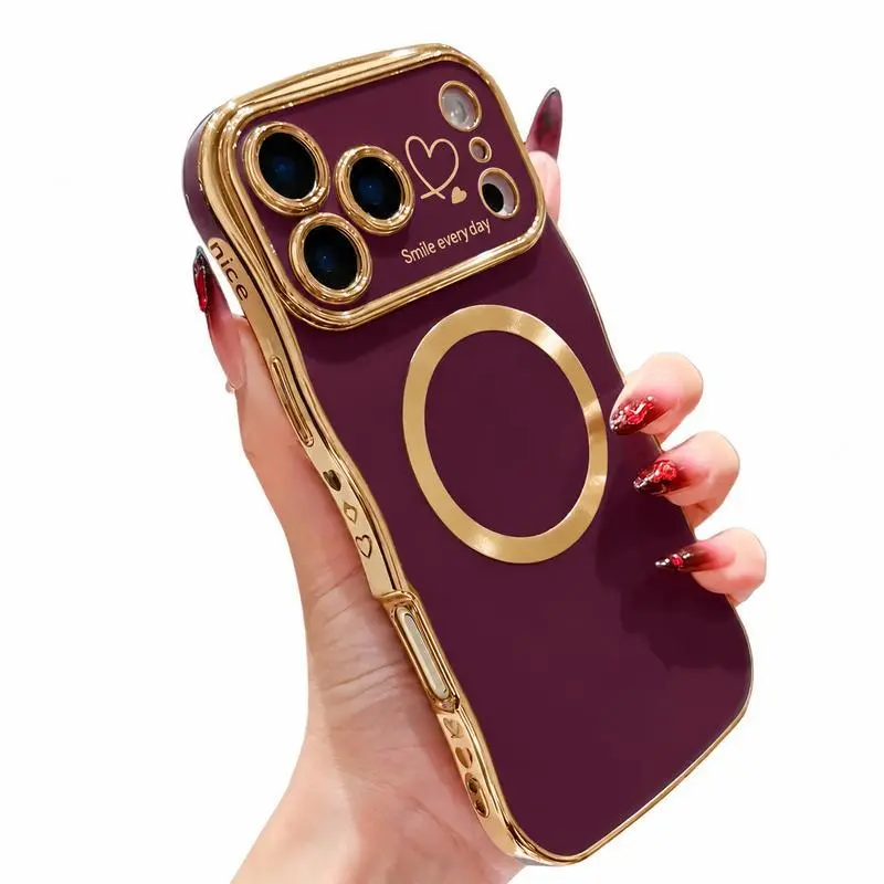 OREKROY Magnetic Case for iPhone 18/17/16/15/14/13/12 Pro Max, Magsafe-Compatible, Curly Wave Plating Frame Cute Love Heart Casing, Full Camera Lens Protection Soft Durable TPU Shockproof Phone Cover