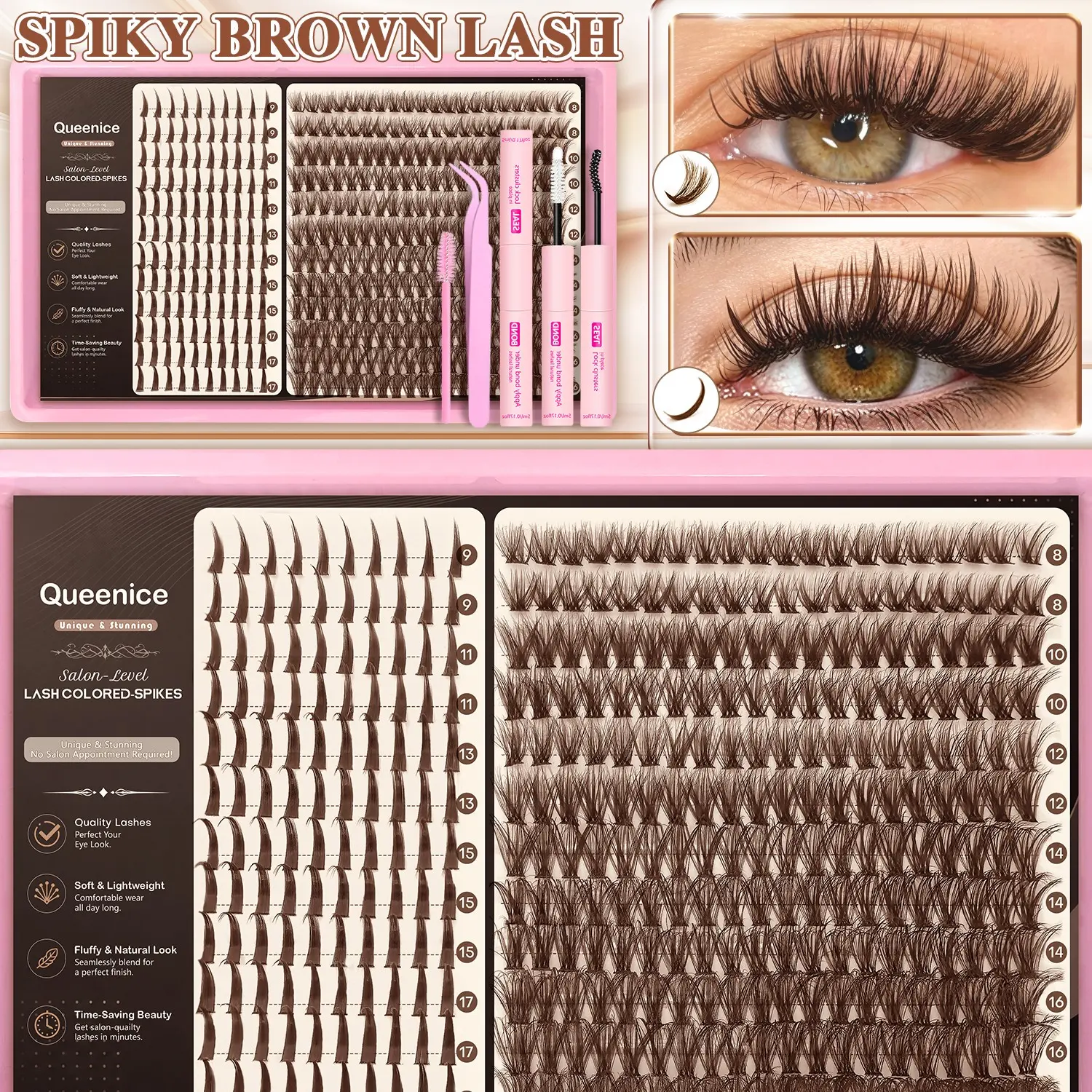 Brown & Spiky Lash Clusters Kit Natural Fairy Wispy Lashes Cluster Eyelash Cluster Extensions Kit C Curve Individual Lashes Extensions Kit For DIY Waterproof & Long-Lasting for Women Eye Makeup Cosmetic, Synthetic Eyelash Extensions