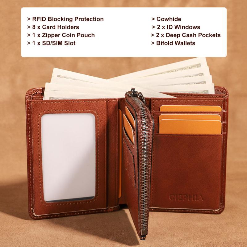 Cowhide Leather Wallets for Men Vintage Short Multi Function Purse RFID Blocking Protection Zipper Coin Pouch ID Credit Card Holder Genuine Leather Money Bag