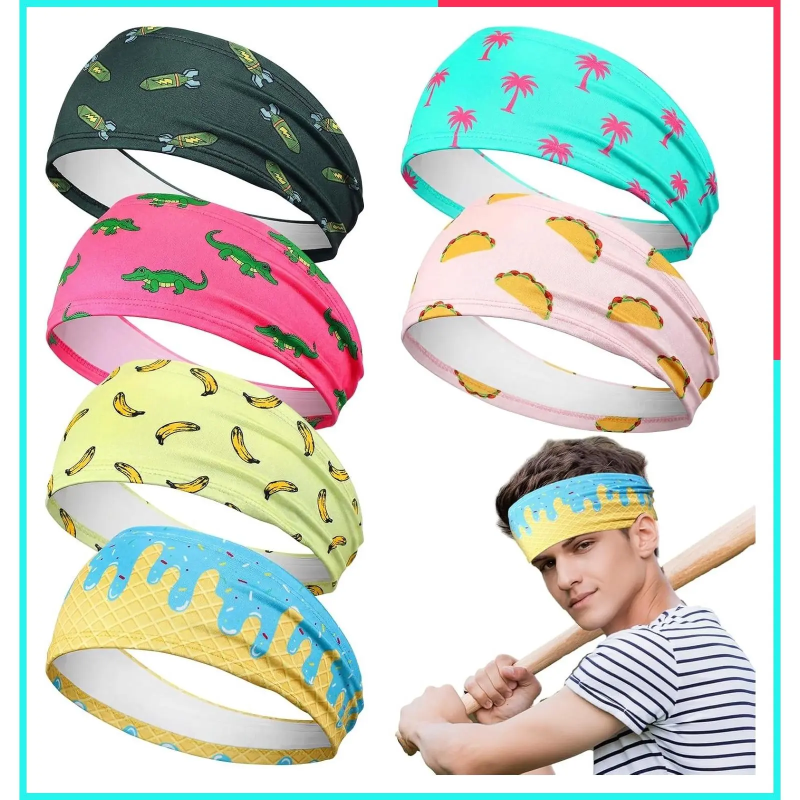 6 Pack Ice Cream Baseball Headbands with Fun Colorful Patterns Breathable Elastic Sports Sweatbands for Men Women Basketball Soccer Football Workout Team Gifts