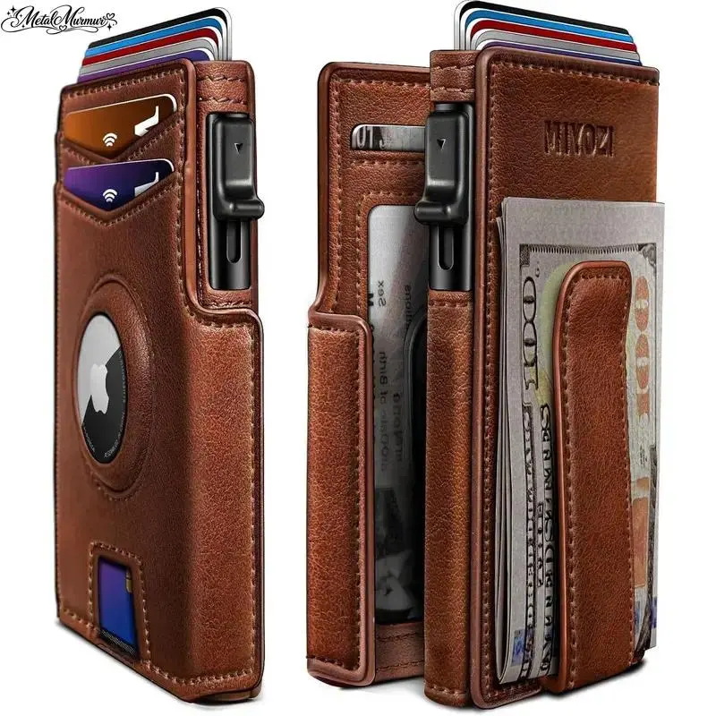 Miyozi Slim Magnetic Flip Metal Pop-Up AirTag Card Carrying Holder - RFID Theft-Proof Men's 10-Slot Wallet with Money Clip, Lightweight Organizer, Gift Box-Included for Daily Use, Boyfriend Gift Ideas