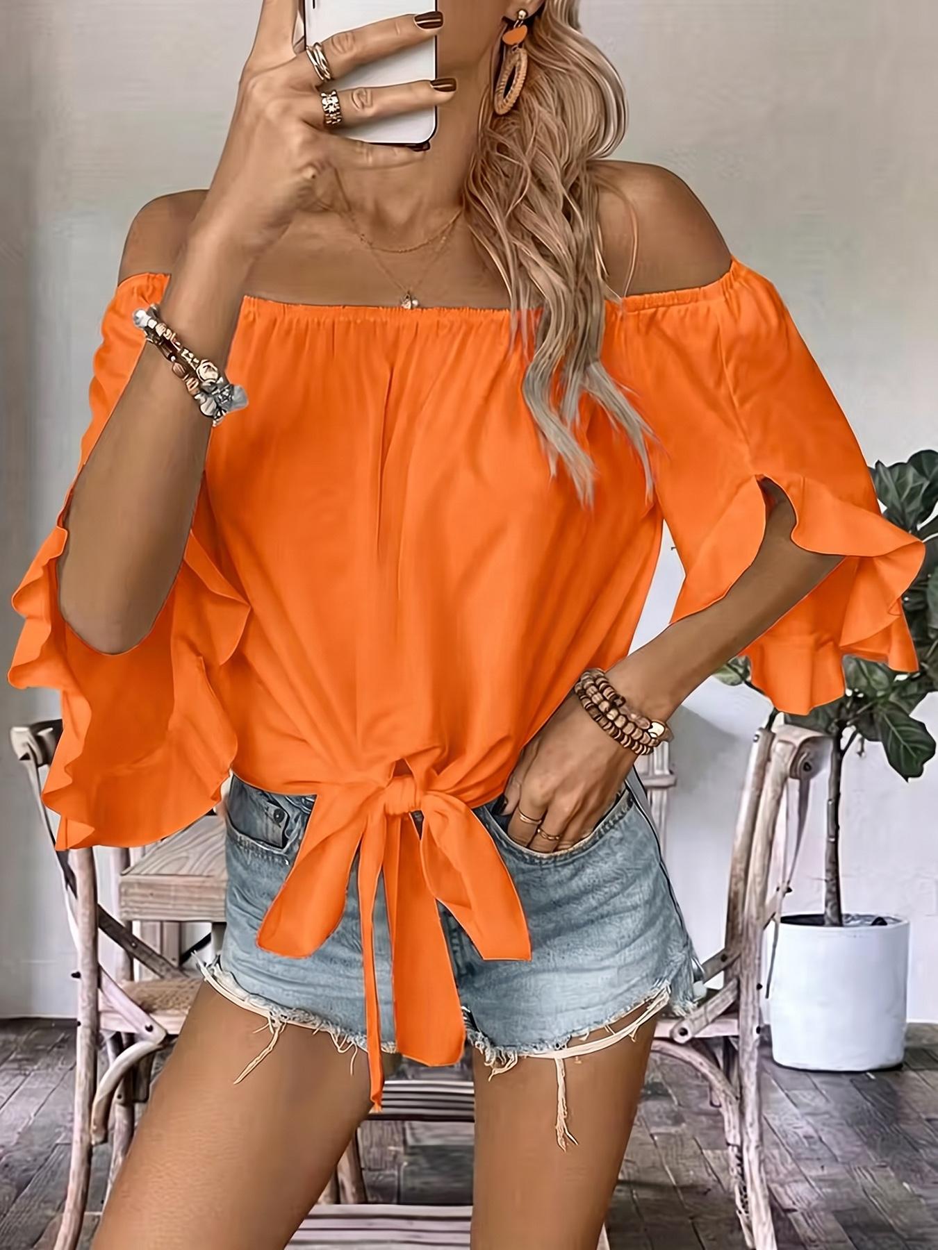 Women's Casual Off-Shoulder Ruffle Bell Sleeve Shirt Blouses, Elegant Feminine Tie Hem Loose Top, Stylish and Comfortable Daily Wear
