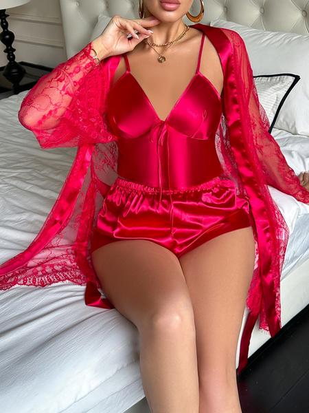 Women's Sheer Mesh Robe Lingerie Set, Sexy Plain Color Spaghetti Strap Shorts Three-Piece Suit, All-Season Fashion Sleepwear for Women
