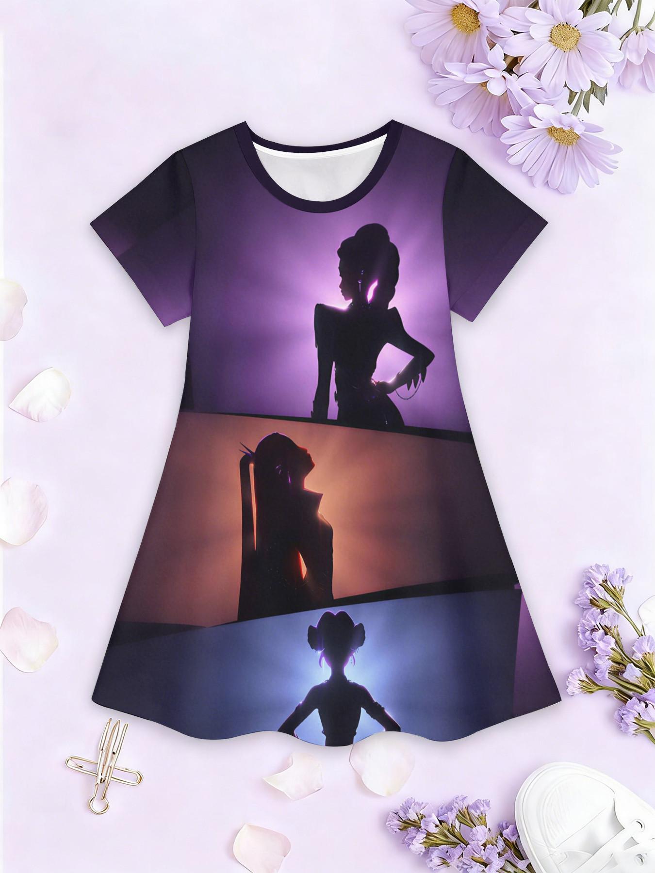 Girls' 3D Short Sleeve Dress, Gradient Kda Idol Full Print, Summer Party Wear, Perfect for Holidays, Birthday Gifts
