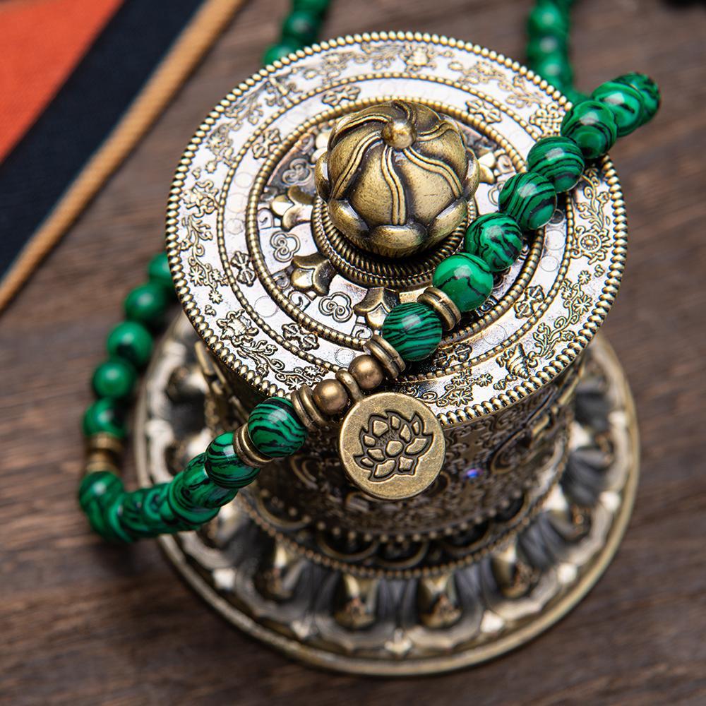 Genuine Stone 8mm Green Malachite 108 Mala Beads Money Attraction Bracelet - Unisex Long Beads Wrap Bracelet with Lotus Buddha Charm - Daily Wear Yoga Meditation Jewelry Ideal Gift