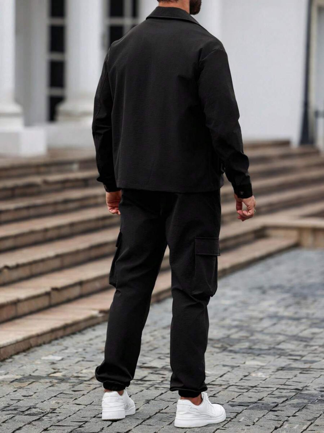 Men's Two-Piece Set, Solid Color Shirt and Pants, Button Design