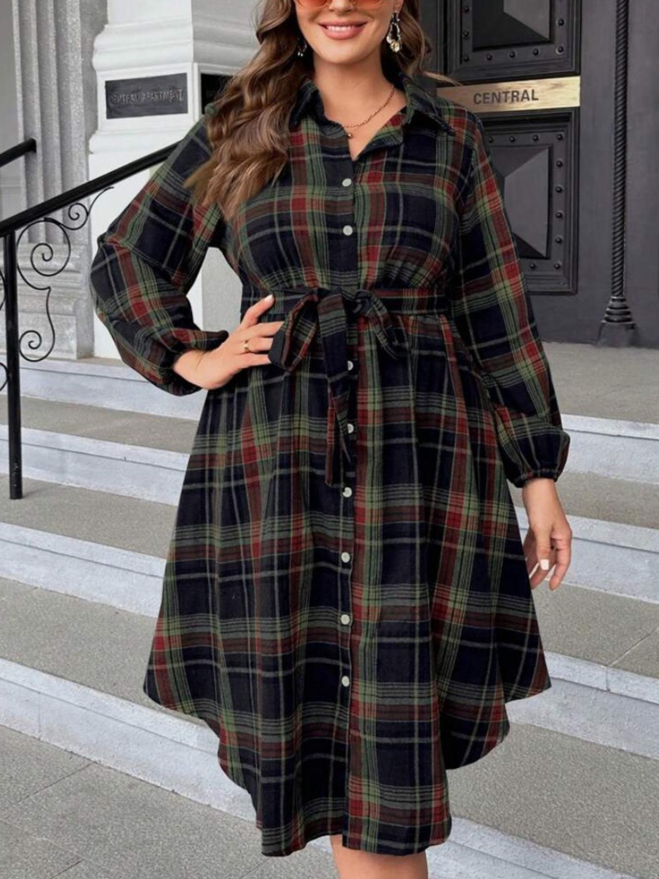 Elegant Casual Plaid Button Front Long Sleeve Dress, Loose-Fitting Ditsy Floral Pattern, Spring & Fall Women's Fashion