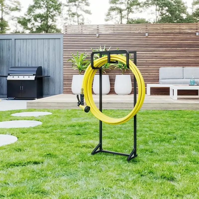 SUOERNUO Rectangular Metal Garden Hose Holder - Freestanding, Heavy-Duty, Durable, Long Service Life, 39x18x110cm, Rust-Resist Coat, Detachable, 4-Spike Ground Stake, 2.88kg, Stable, 2 Hooks, Outdoor Storage Organizer for Garden Home Watering Needs