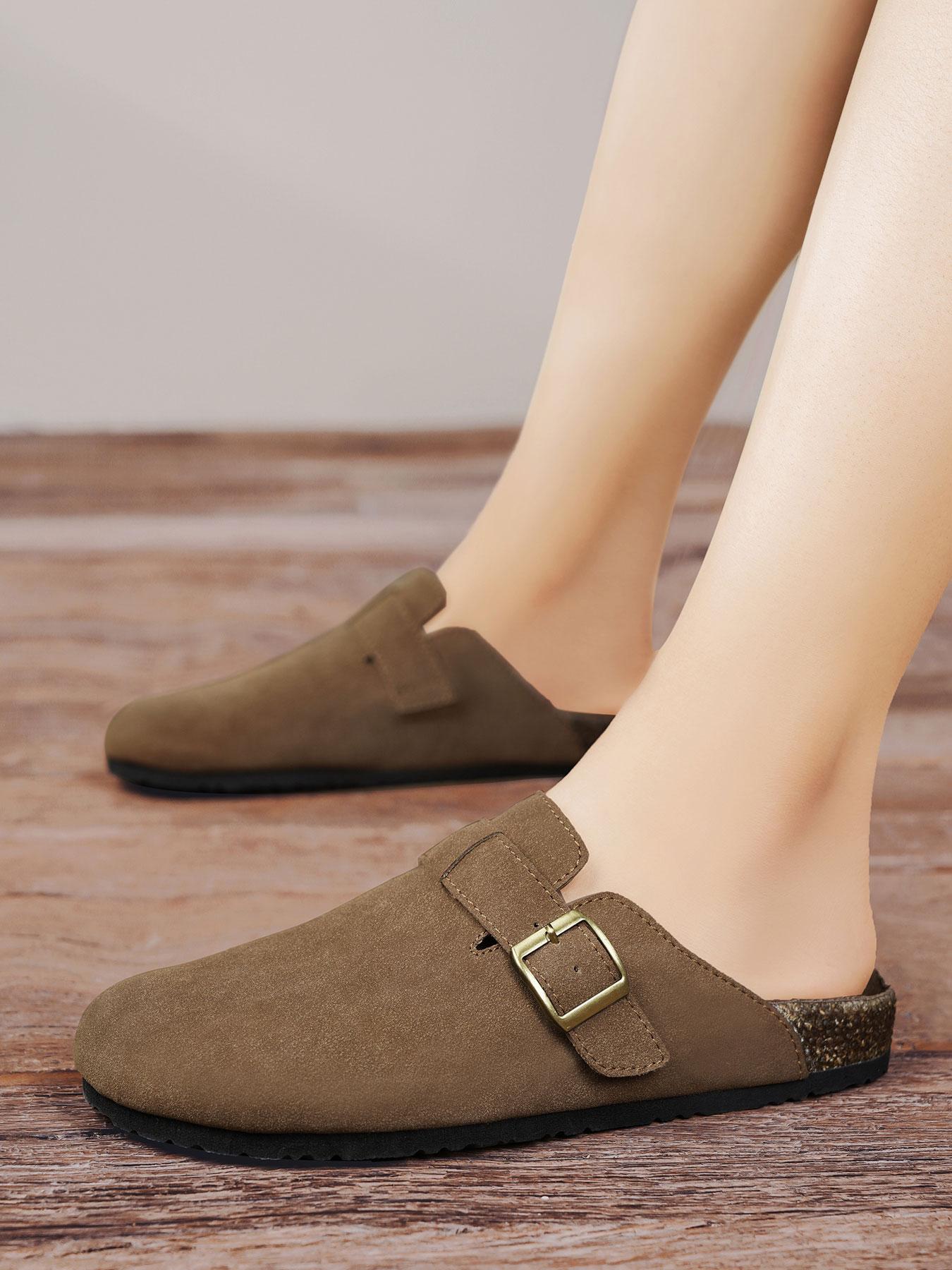 Men's Gray Suede Buckle Cork Insole Mules, Casual Comfort Style, Suede Material + Cork Insole + Metal Buckle + Non-Slip Sole, Comfortable Breathable, Simple Versatile , Ideal for Daily Home & Light Leisure Outings, Casual Shoes Clogs