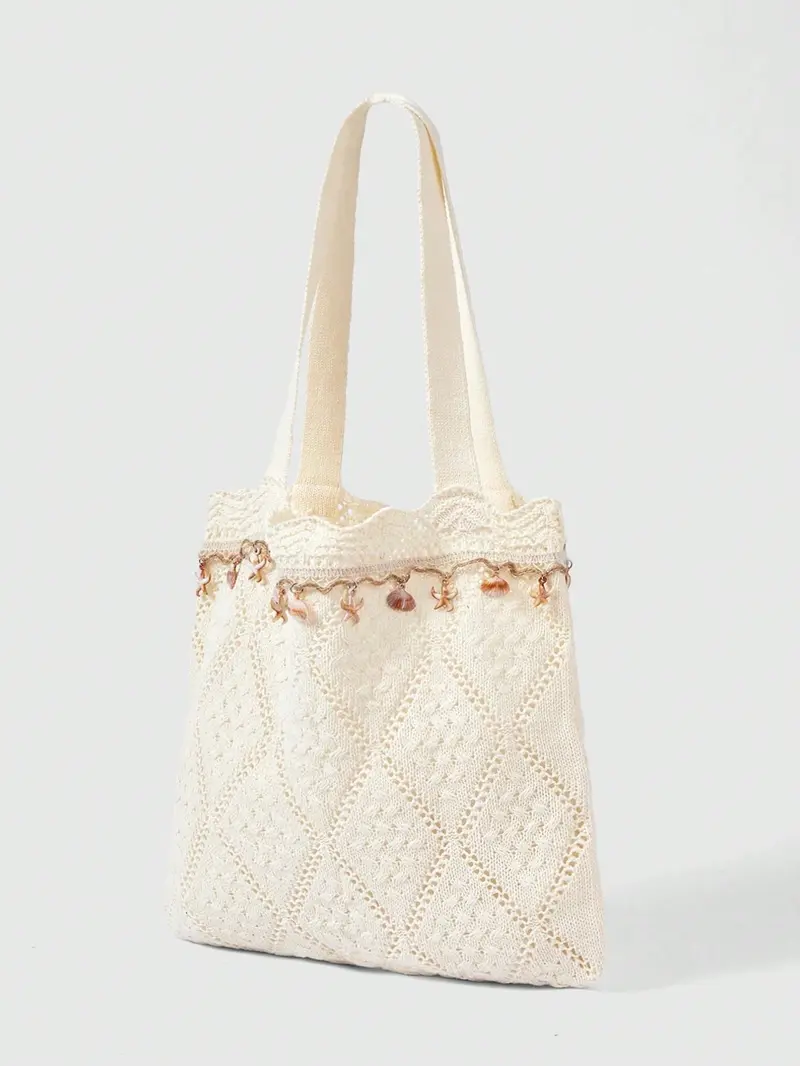 Fall Winter Vacation Starfish Shell Crochet Beach Bag, Woven Sand Satchel with Accessories, Fashionable Casual Lady Handbag Set, Fashionable Patterned Bag, Fashion Bags