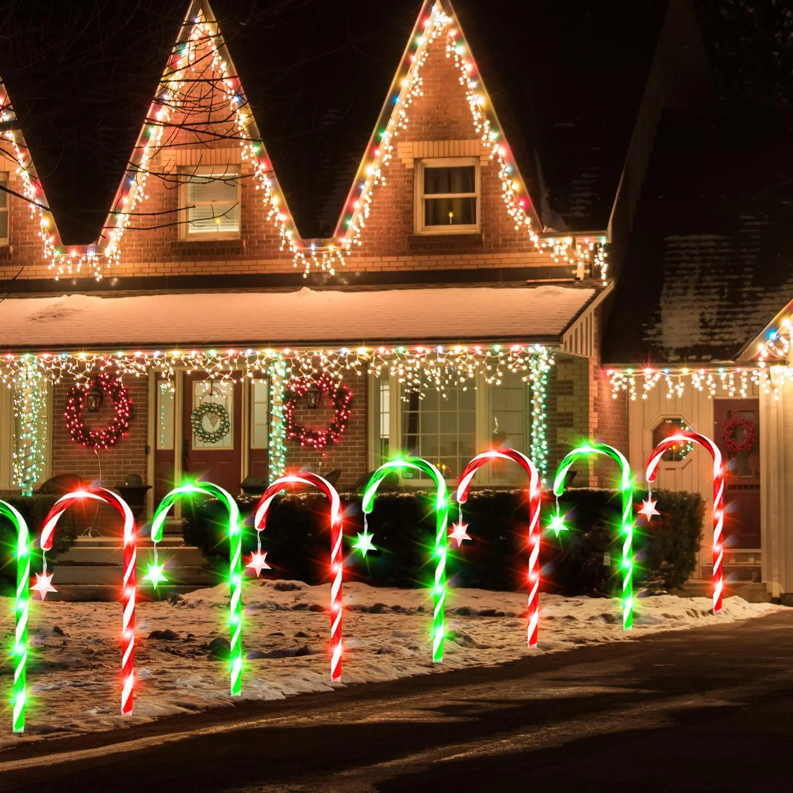 Red+Green 10-Pack Solar Christmas 2-Tone Candy Cane Pathway Lights Set, IP65 Waterproof, Luminous Metal Star Ornaments, Dual-Use Decoration for Yard Ground & Indoor Hanging, Festive Trees Decor Supplies