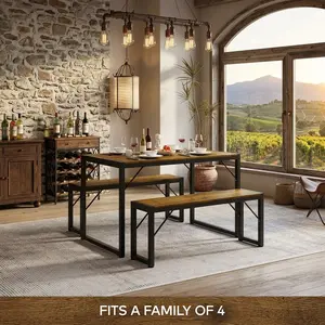 Retro 3 Pieces Dining Table Set, Heavy Duty MDF Steel Frame Dinner Desk With 2 Benches, Adjustable Foot Anti-collision Space Saving Dinette Furniture For Kitchen Living Room Small Household Space