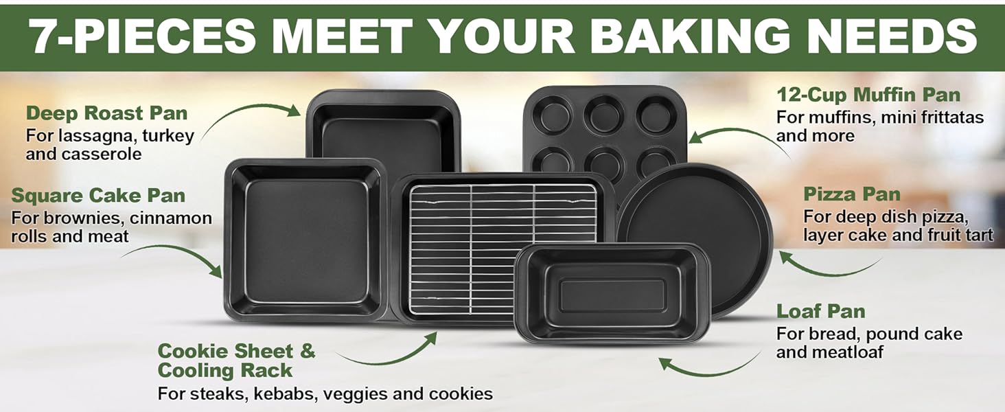 Bakeware Sets, Baking Pans Set, Nonstick Oven Pan for Kitchen with Wider Grips, 7-Piece with Round/Square Cake Pan, Loaf Pan, Muffin Pan, Cookie Sheet, Roast Pan, Cooling Rack, Carbon Steel Bake