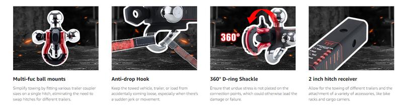 TYT Tri Ball Trailer Hitch Mount 2" Receiver - 3-in-1 Towing System w/ 2-5/16" 2" 1-7/8" Hitch Balls, Locking Security Pin, Tow Hook & Clevis Shackle - Heavy Duty for Trucks, RV, Boat Trailers (Father's Day Gift)