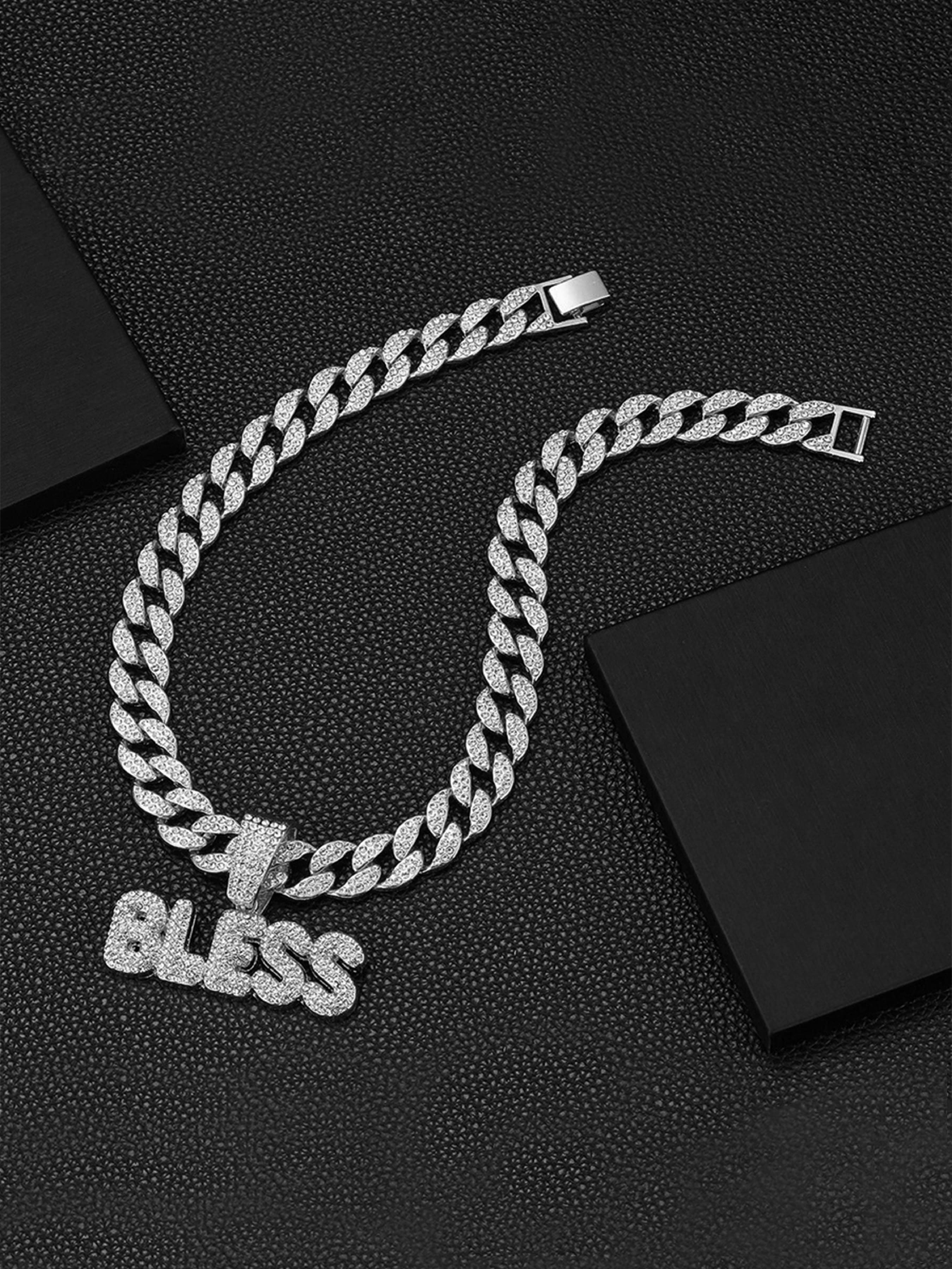 Elegant Zirconia Letter Bless Pendant Necklace, Cuban Link Chain, Unisex Hip-Hop Jewelry, High-End Shiny Accessory, Perfect Gift for Daily & Special Occasions