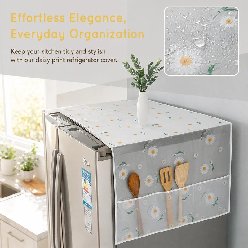 Daisy Print Refrigerator Dustproof Cover with Storage Pockets Multi Functional Waterproof Fridge Top Protector Household Kitchen Appliance Dust Proof Cover 1 Pack