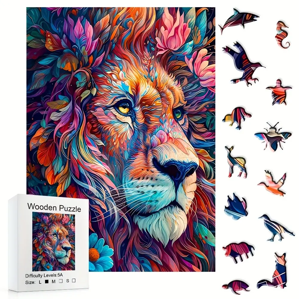 501 Colorful Lion Animal Boxed Wooden Puzzle, High-Difficulty Challenge, Ideal for Family, Company, Friends Gatherings