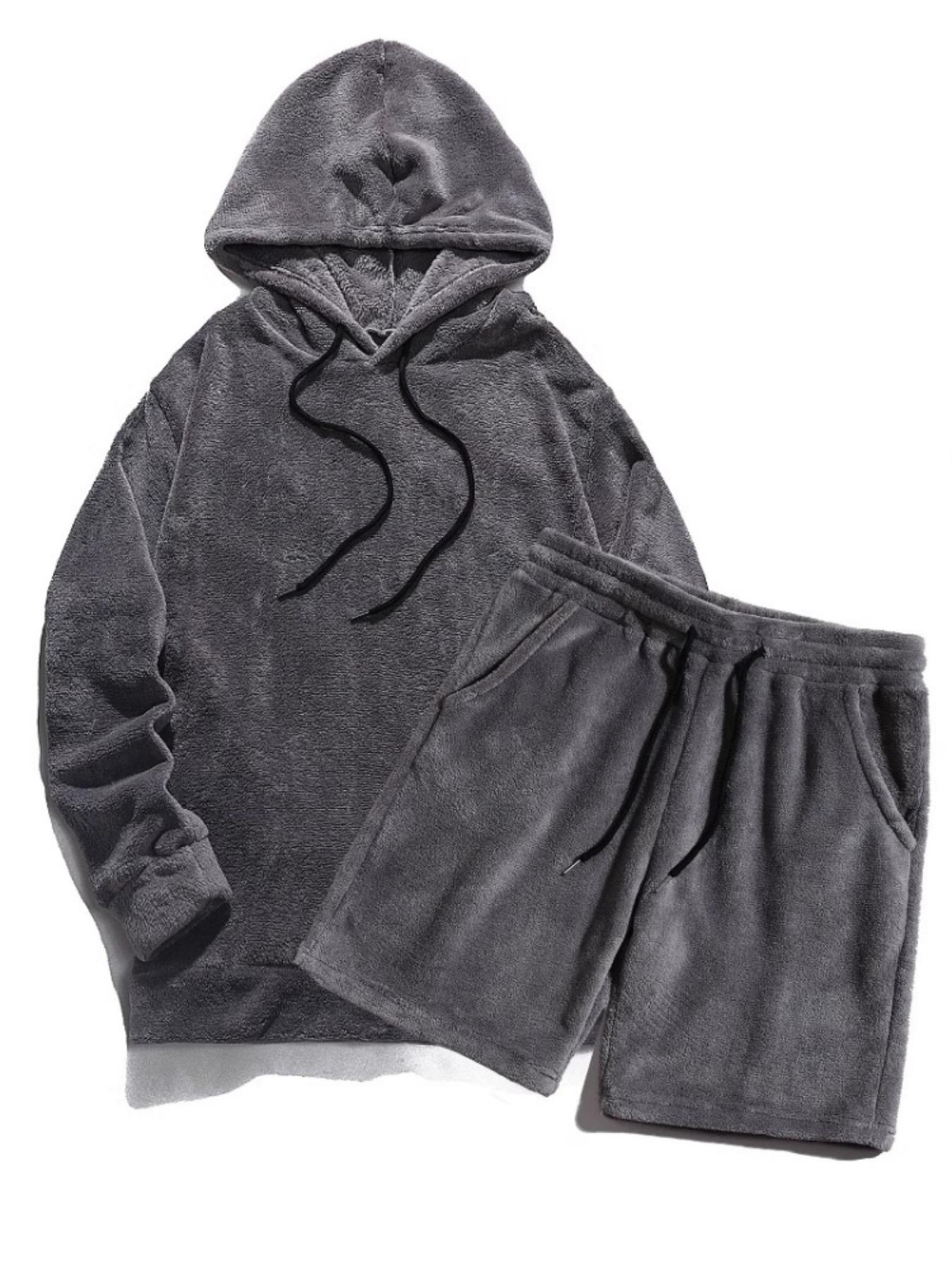Men's Fluffy Fleece Loungewear Set, 2 Piece Outfit with Long