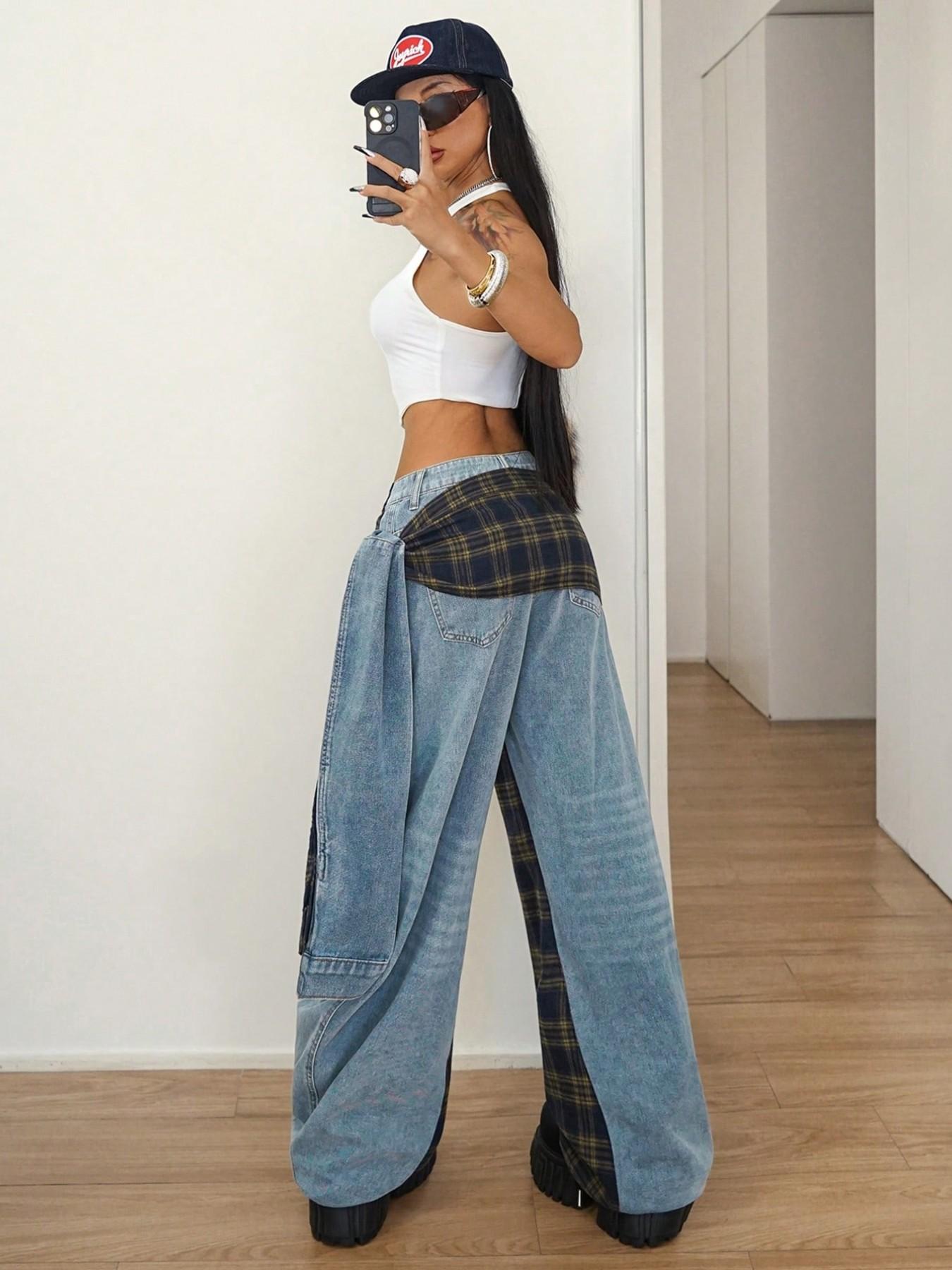 Women's Patchwork Plaid Side Tie Wide Leg Jeans, Fashionable Comfort Design, Perfect for Daily Wear, Trendy Stylish Accent, Casual Loose Jeans