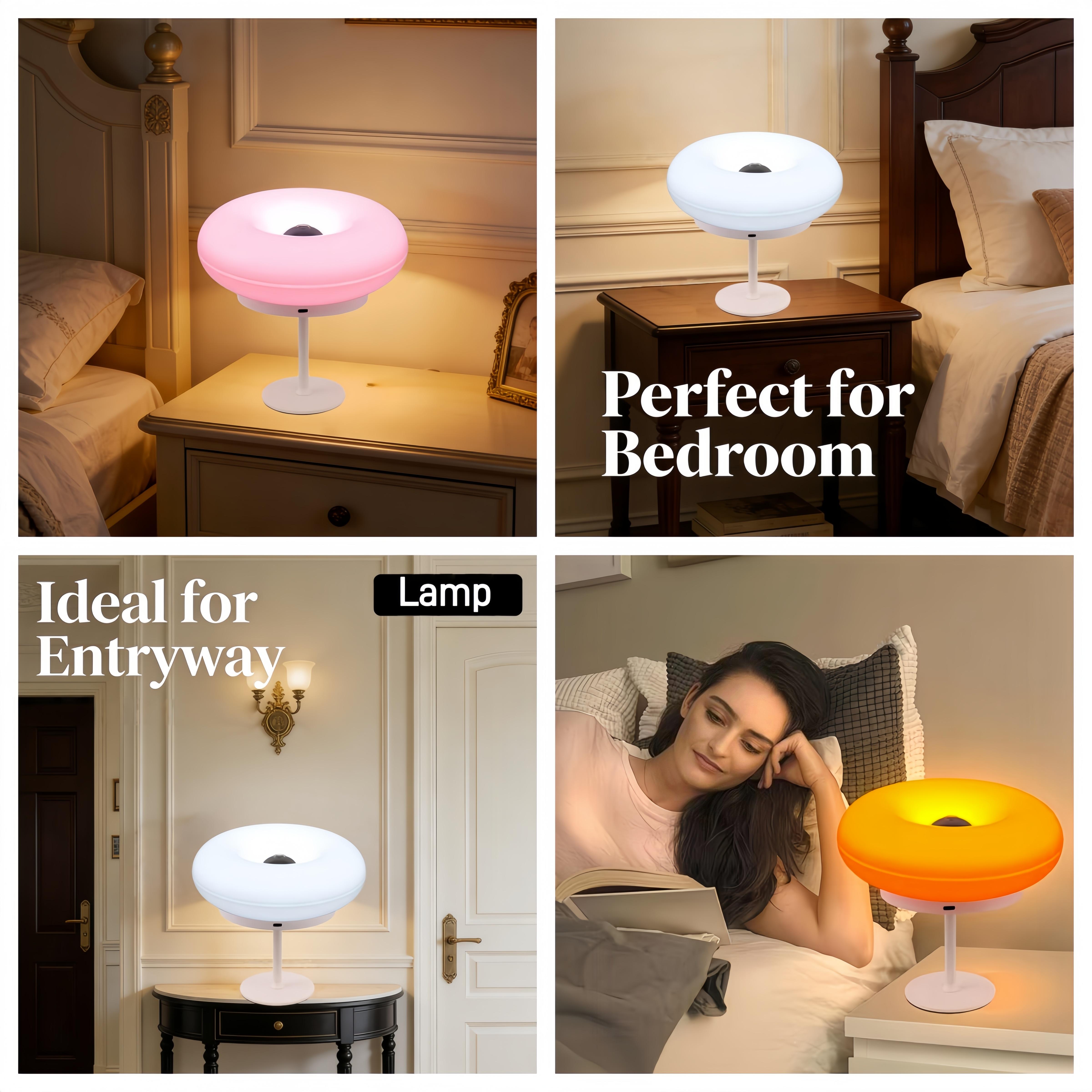 Modern High-Leg Donut Table Lamp, LED Bedside Desk Light, USB Rechargeable Touch Switch, Three-Tone Dimmable Ambient Light, Durable Plastic Shade