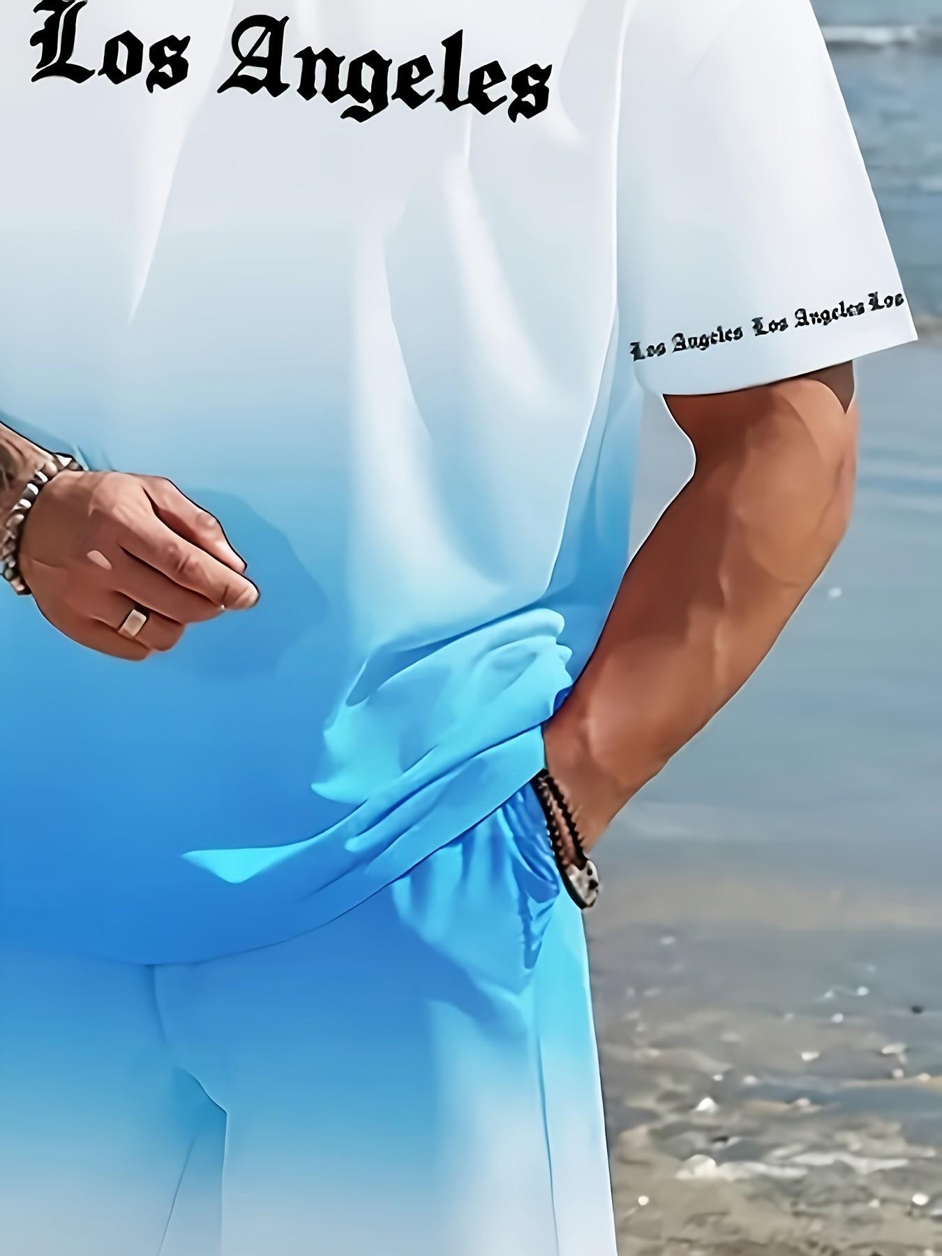 Men's Summer Set, Round Neck Short Sleeve T-Shirt + Elastic Waist Shorts, Los Angeles Print Gradient, Breathable Fabric, Outdoor & Party Wear