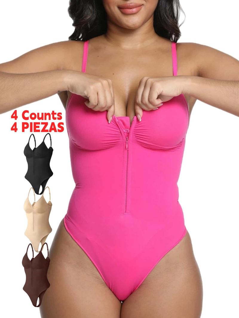 Women's Seamless Shapewear Bodysuit, Front Zipper Design, Tummy Control Thong Style, All Seasons Wearable, Comfortable Fit, Seamless Compression Body