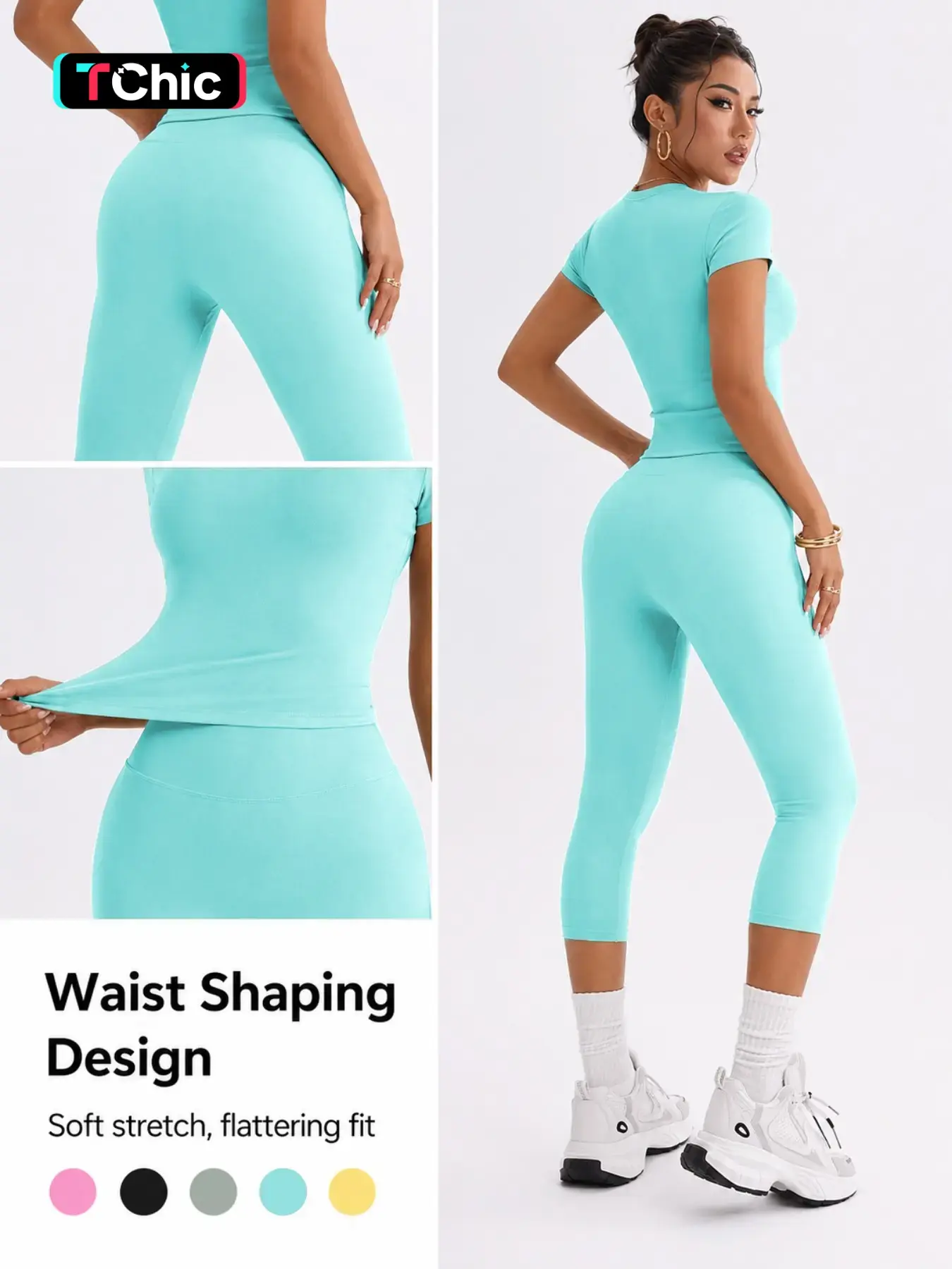 Women's Two-Piece Sports Set, High Elastic Round Neck Short Sleeve, High Waist Butt Lifting Yoga Pants, Soft Breathable Gym Wear, Yoga Sportswear Set