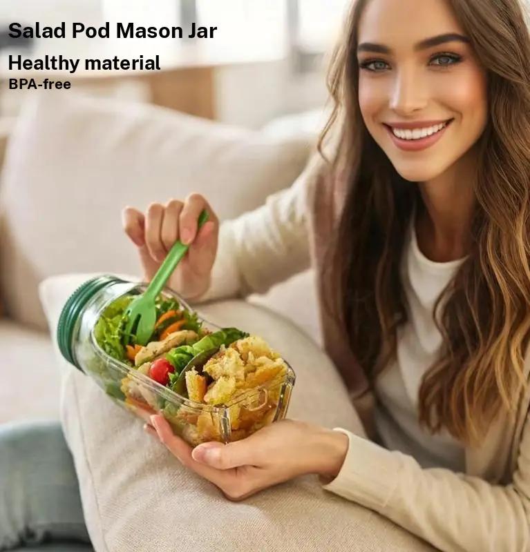 Portable Salad Container with Leakproof Dressing Compartment, Fresh & Easy Meal Prep Jar, Eco Friendly Plastic, Perfect for Home, Work, Travel, Fitness, and On the Go Healthy Storage Reusable Stackable Kitchen