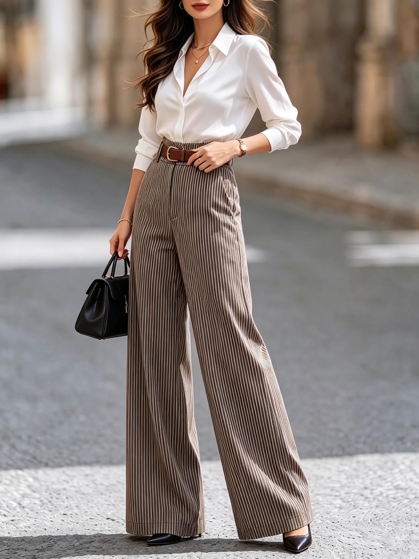 Women High Waist Vertical Striped Wide Leg Pants Soft Stretchy Fabric Elegant Long Trousers for Office Business Work Date Street Daily Casual Outfit