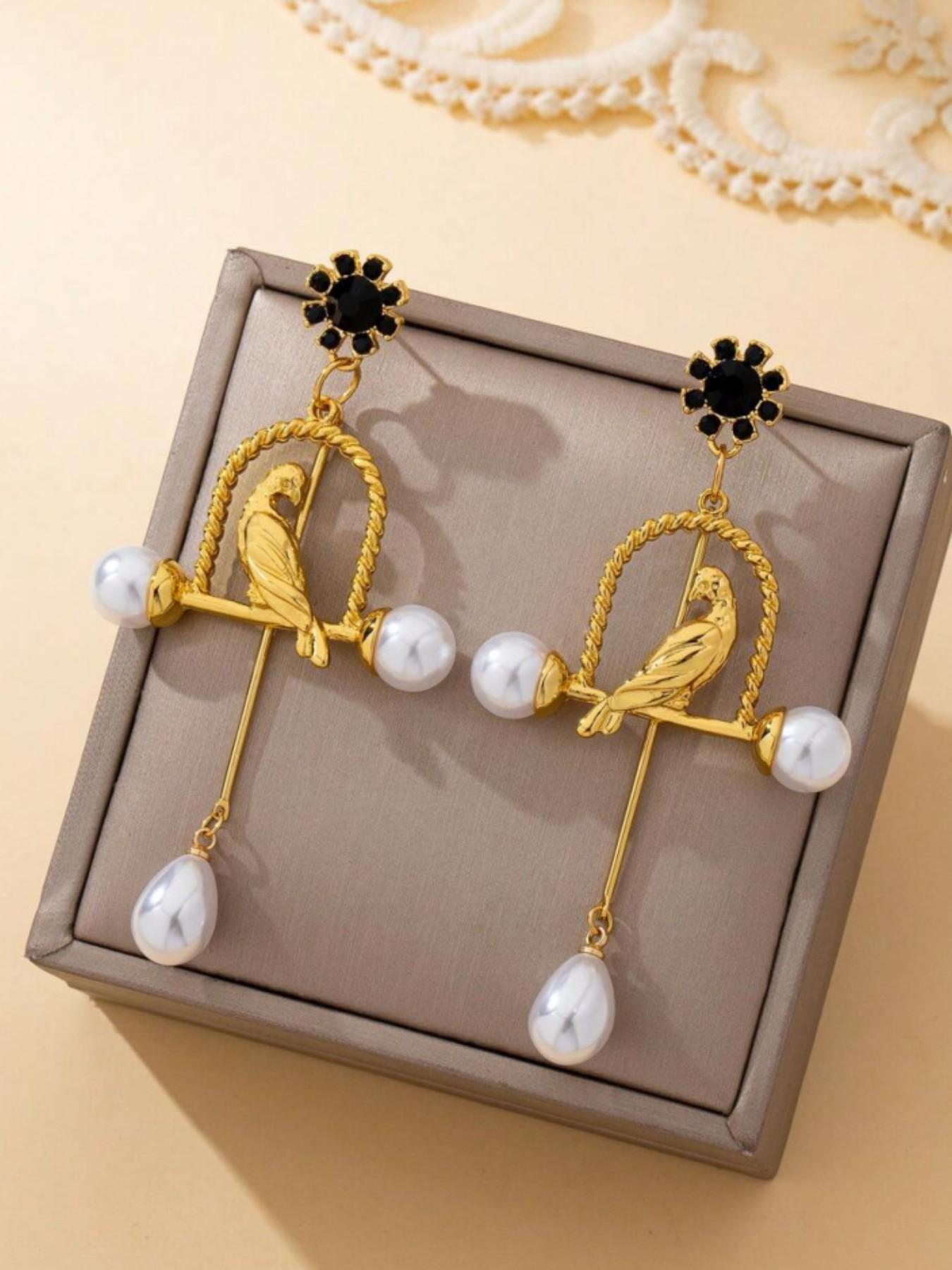 Vintage Long Courtly Feng Shui Bird Artificial Pearl Earrings, Unique Antique Style, Elegant Fashion Jewelry for Women, Party Gift Accessory