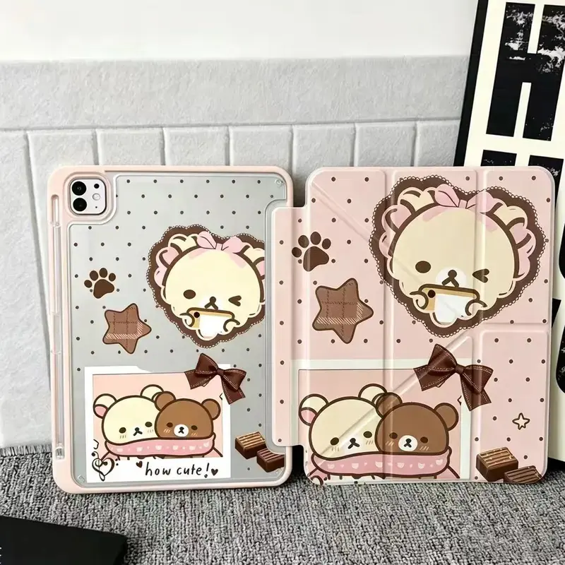 Cute Bear iPad Case with Pen Slot, Transparent Cartoon Design, Fits iPad 10 Gen, iPad 9/8/7 Gen, iPad Air 5/4, iPad Pro 11 Inch, Tablet Casing, Tablet Accessories, Tablet Cover, iPad Covers