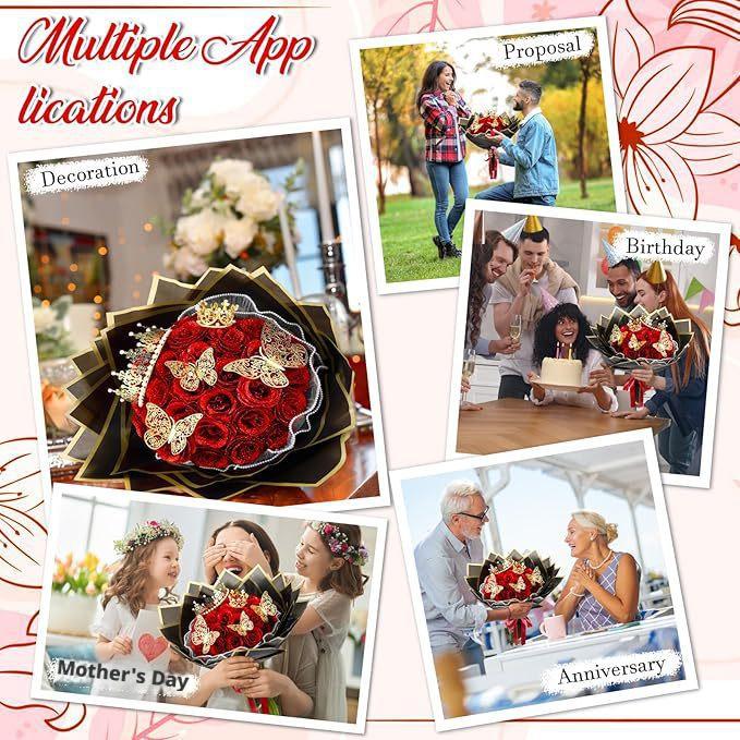 24/36 Pcs Glitter Roses Bouquet DIY Fake Flowers Set with 3D Butterflies Crown Alphabet Stickers Ribbon Mother's Day Gift for Mom Girlfriend Wife Women Valentine's Day Birthday Engagement Wedding Anniversary Graduation Gift TikTok Viral Aesthetic Craft
