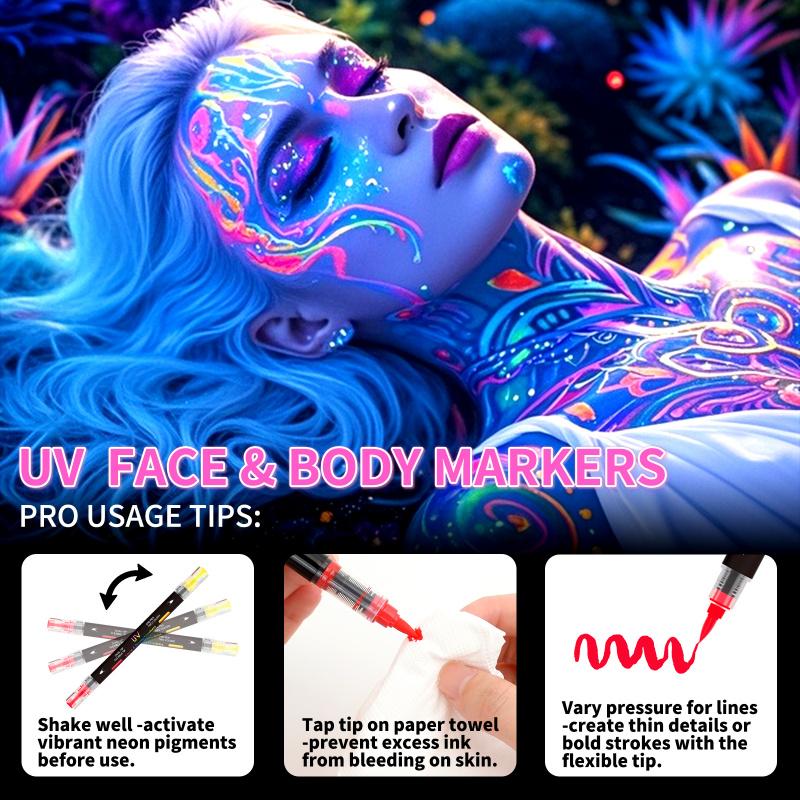 Glow in The Dark Face Paint Markers 8Pack 16 Colors, Black Light Neon Body Paint Pens for Skin, Washable Formula UV Temporary Tattoo for Birthday Glow Party Supplies Halloween Makeup Easter Basket Stuffers